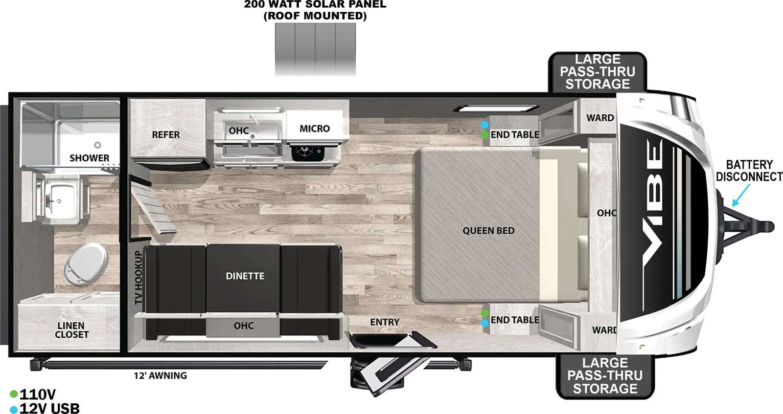 The Vibe West 16RB floorplan has one entry and zero slide outs. Exterior features include: fiberglass exterior and 12' awning. Interiors features include: front bedroom and rear bathroom.